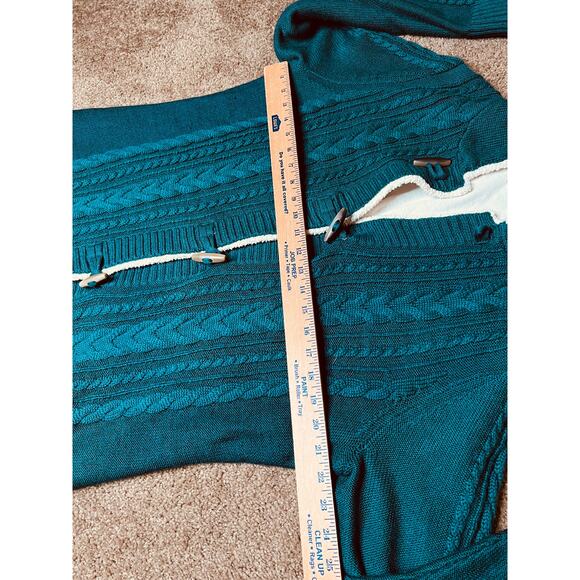 LL BEAN size L sweater chunky cable knit teal hood lined wool blend outdoors - Picture 3 of 5
